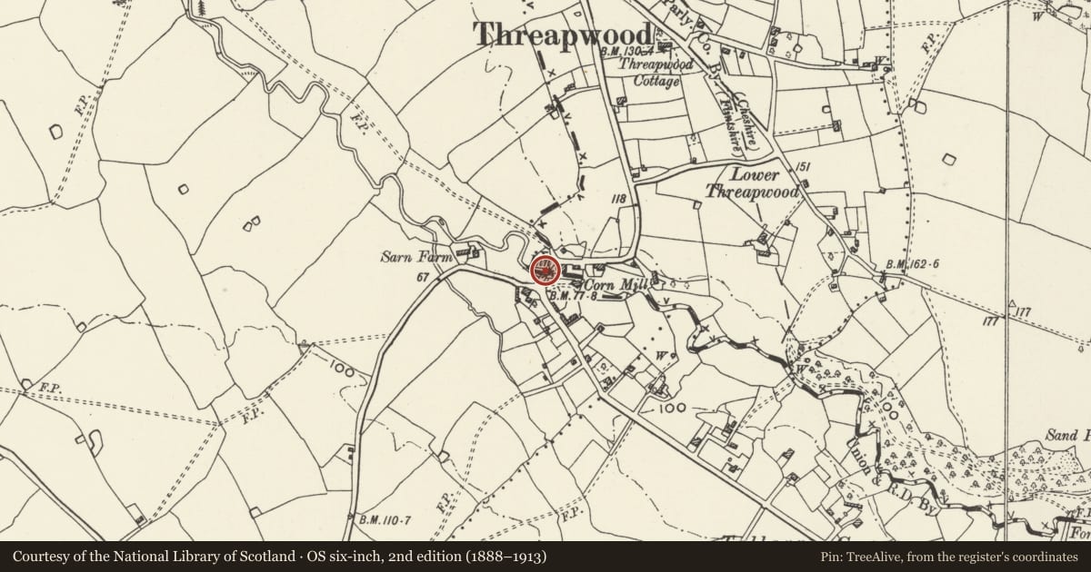 Ordnance Survey six-inch map, 2nd edition (1888–1913) covering the location of Sarn Bridge, Willington Worthenbury, Wrexham, with a pin at the register's coordinates