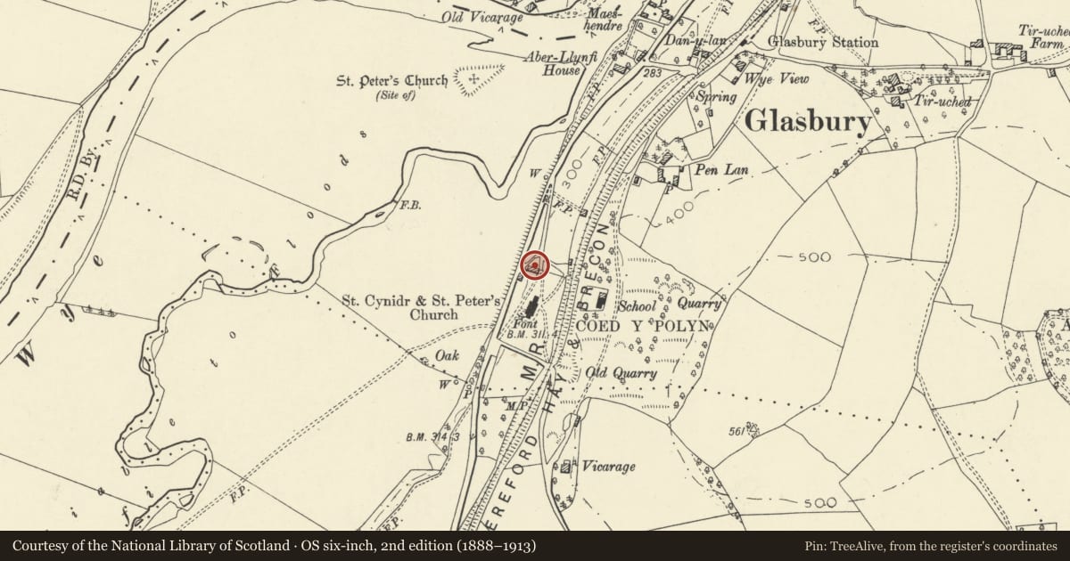 Ordnance Survey six-inch map, 2nd edition (1888–1913) covering the location of Sunday School in Churchyard of Church of St Cynidr & St Peter, Gwernyfed, Powys, with a pin at the register's coordinates