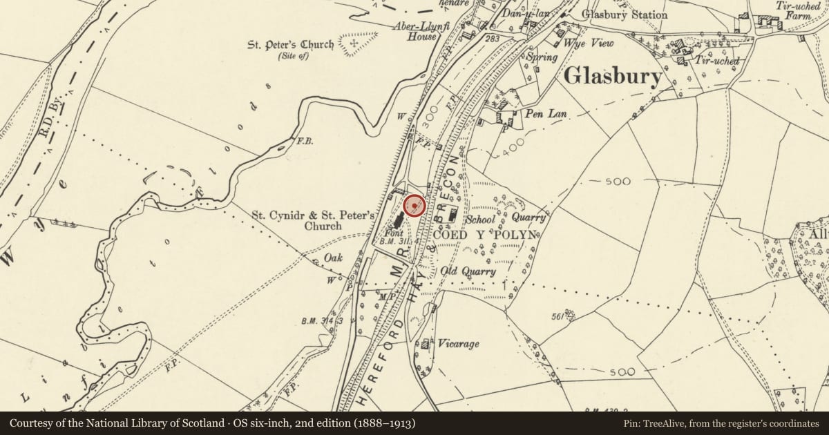 Ordnance Survey six-inch map, 2nd edition (1888–1913) covering the location of Sundial in churchyard of Church oc St Cynidr & St Peter, Gwernyfed, Powys, with a pin at the register's coordinates