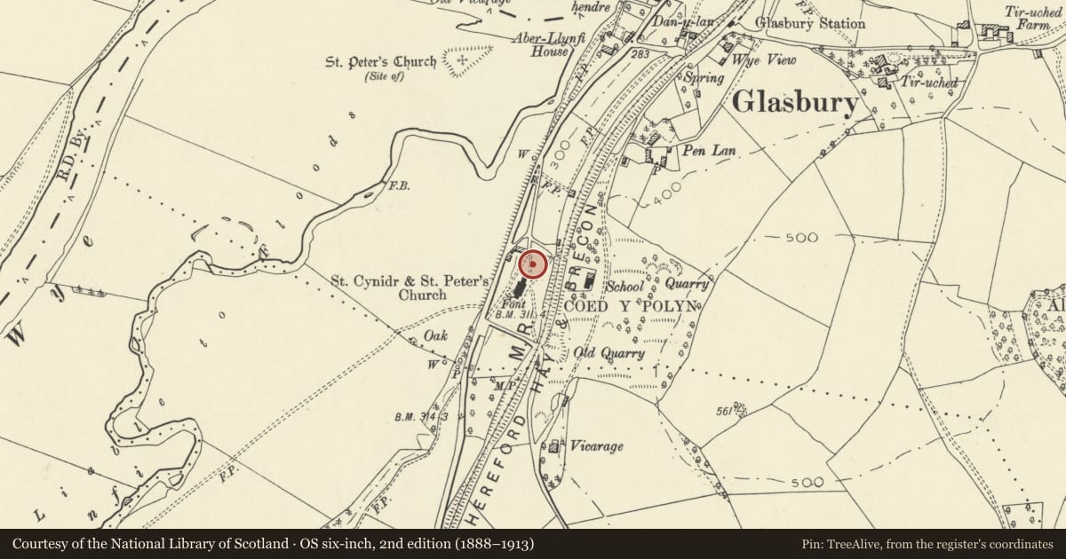 Ordnance Survey six-inch map, 2nd edition (1888–1913) covering the location of Hughes Monument in churchyard of church of St Cynidr and St Peter, Gwernyfed, Powys, with a pin at the register's coordinates