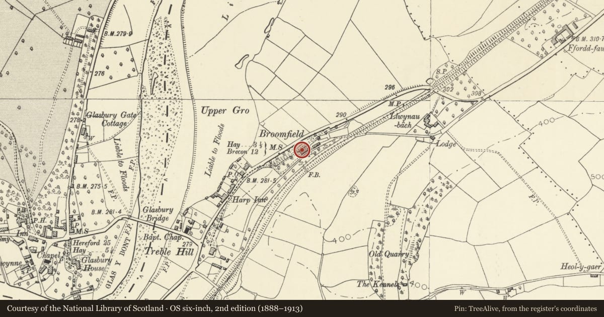 Ordnance Survey six-inch map, 2nd edition (1888–1913) covering the location of Tramway Office at Broomfield, Gwernyfed, Powys, with a pin at the register's coordinates