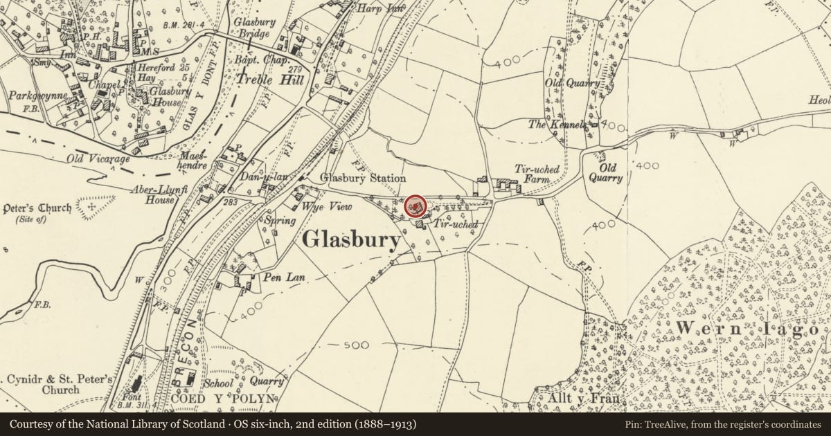 Ordnance Survey six-inch map, 2nd edition (1888–1913) covering the location of Tir uched, Gwernyfed, Powys, with a pin at the register's coordinates