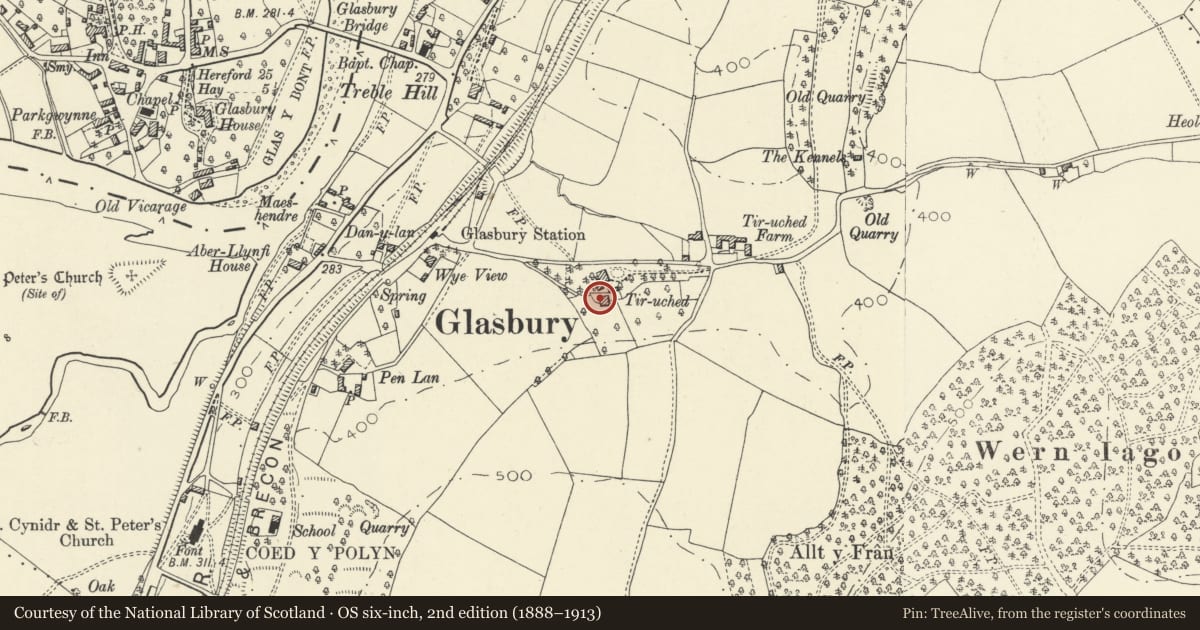 Ordnance Survey six-inch map, 2nd edition (1888–1913) covering the location of Outbuilding at Tir Uched, Gwernyfed, Powys, with a pin at the register's coordinates