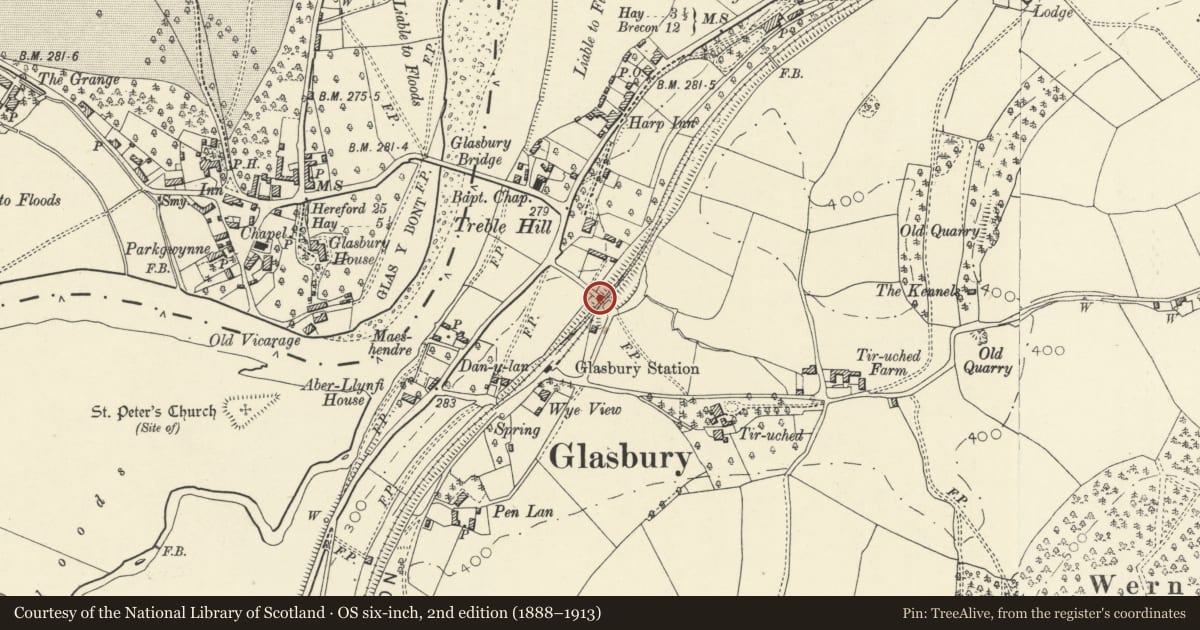 Ordnance Survey six-inch map, 2nd edition (1888–1913) covering the location of Railway Bridge at Treble Hill, Gwernyfed, Powys, with a pin at the register's coordinates