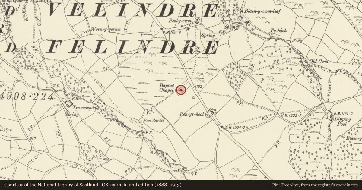 Ordnance Survey six-inch map, 2nd edition (1888–1913) covering the location of Pen-yr-heol Chapel, Gwernyfed, Powys, with a pin at the register's coordinates