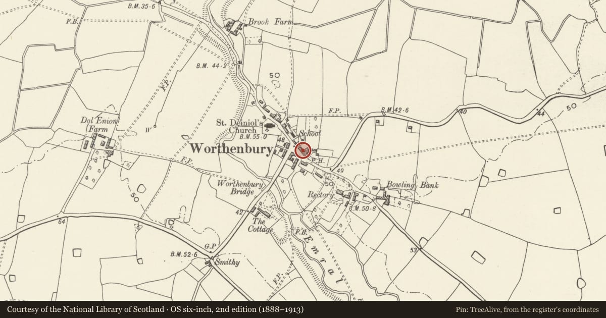 Ordnance Survey six-inch map, 2nd edition (1888–1913) covering the location of The Malt House including attached cottage to right, Willington Worthenbury, Wrexham, with a pin at the register's coordinates