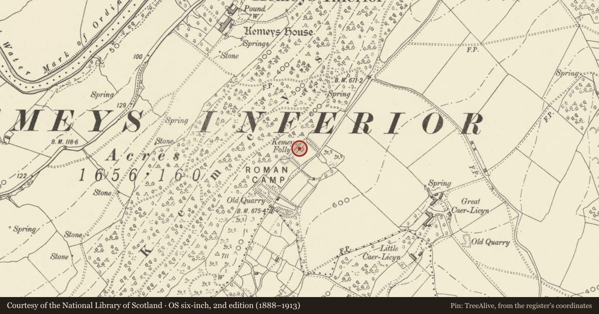 Ordnance Survey six-inch map, 2nd edition (1888–1913) covering the location of Kemeys Folly, Langstone, Newport, with a pin at the register's coordinates