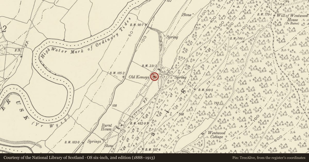 Ordnance Survey six-inch map, 2nd edition (1888–1913) covering the location of Old Kemeys, Langstone, Newport, with a pin at the register's coordinates
