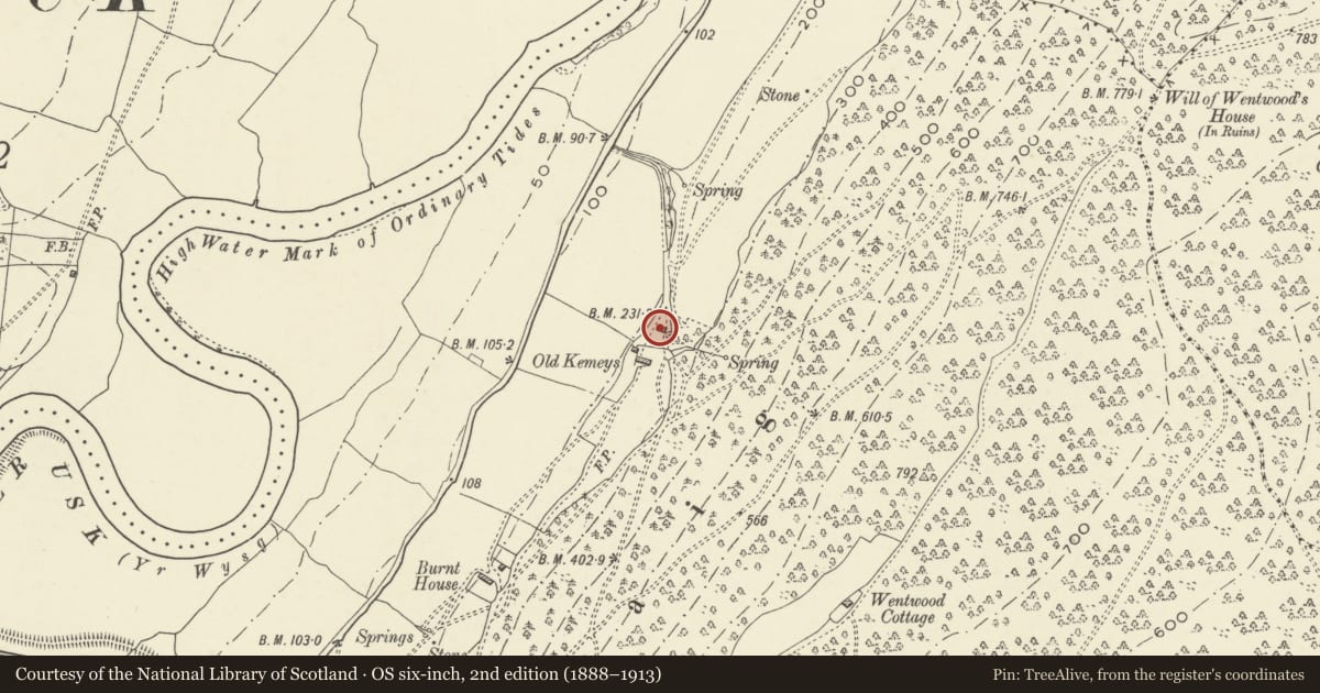 Ordnance Survey six-inch map, 2nd edition (1888–1913) covering the location of Barn at Old Kemeys, Langstone, Newport, with a pin at the register's coordinates