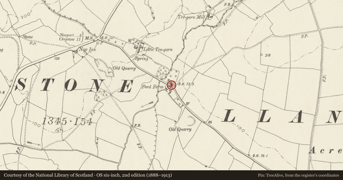 Ordnance Survey six-inch map, 2nd edition (1888–1913) covering the location of Barn to NW of Ford Farmhouse, Langstone, Newport, with a pin at the register's coordinates