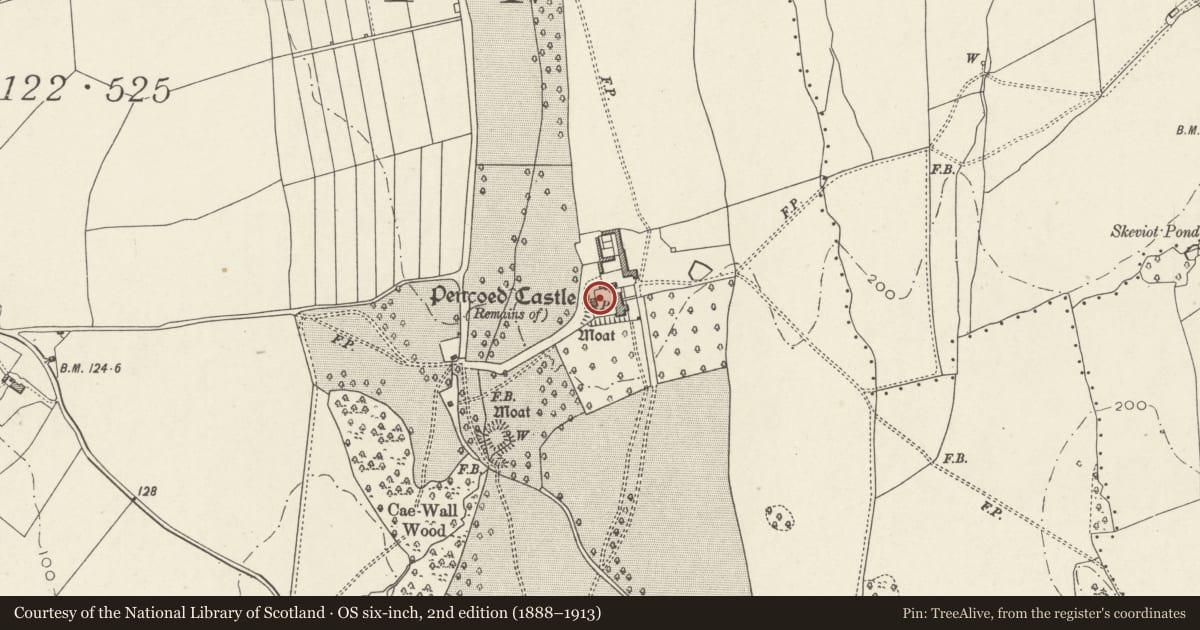 Ordnance Survey six-inch map, 2nd edition (1888–1913) covering the location of Pencoed Castle Gatehouse, Langstone, Newport, with a pin at the register's coordinates
