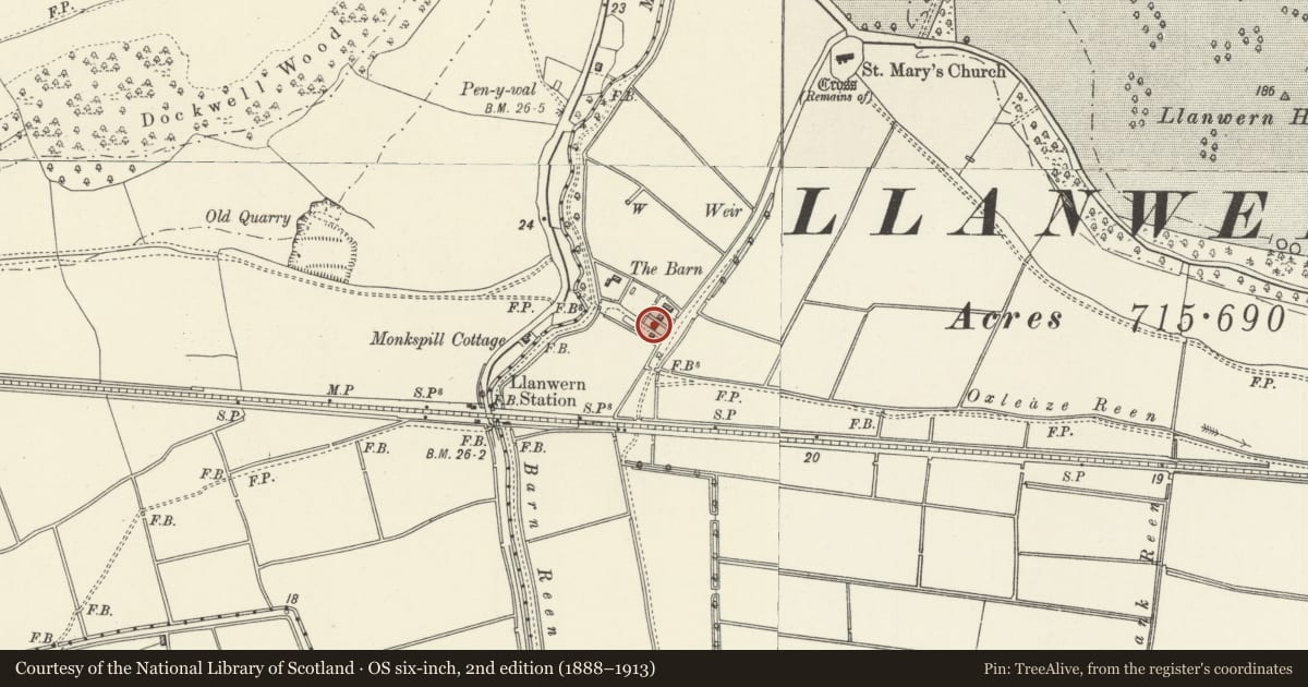 Ordnance Survey six-inch map, 2nd edition (1888–1913) covering the location of Barn at The Barn Farm, Llanwern, Newport, with a pin at the register's coordinates