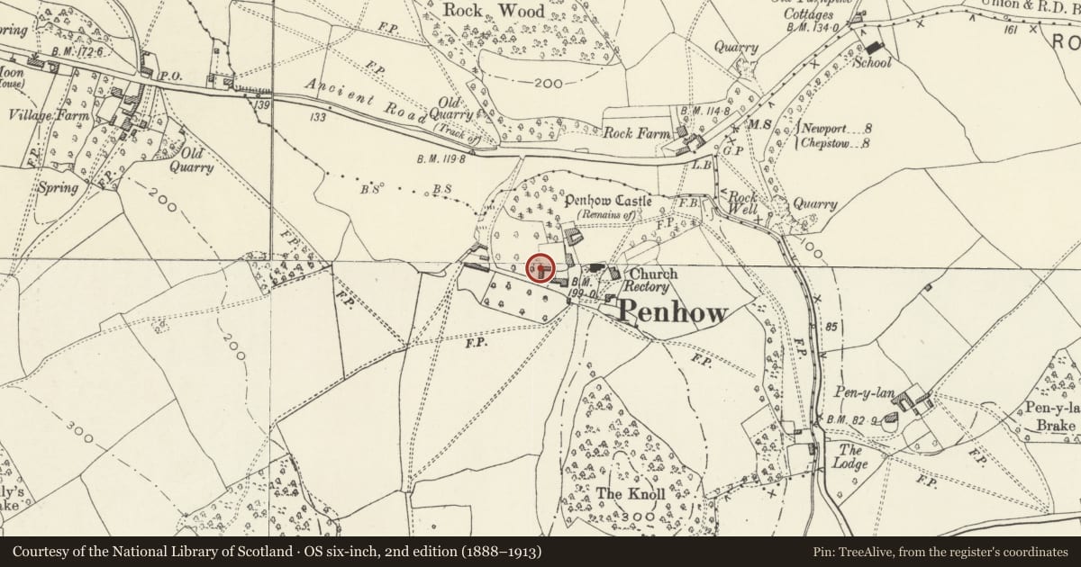 Ordnance Survey six-inch map, 2nd edition (1888–1913) covering the location of L-shaped Byre Range to SW of Penhow Castle, Newport, with a pin at the register's coordinates