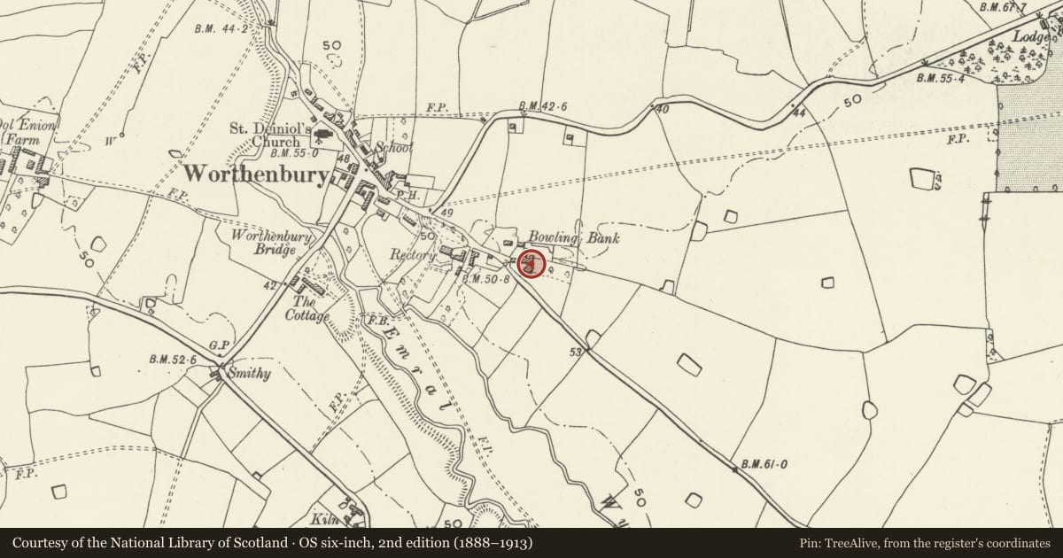 Ordnance Survey six-inch map, 2nd edition (1888–1913) covering the location of Bowling Bank Farmhouse including attached farm range to west, Willington Worthenbury, Wrexham, with a pin at the register's coordinates