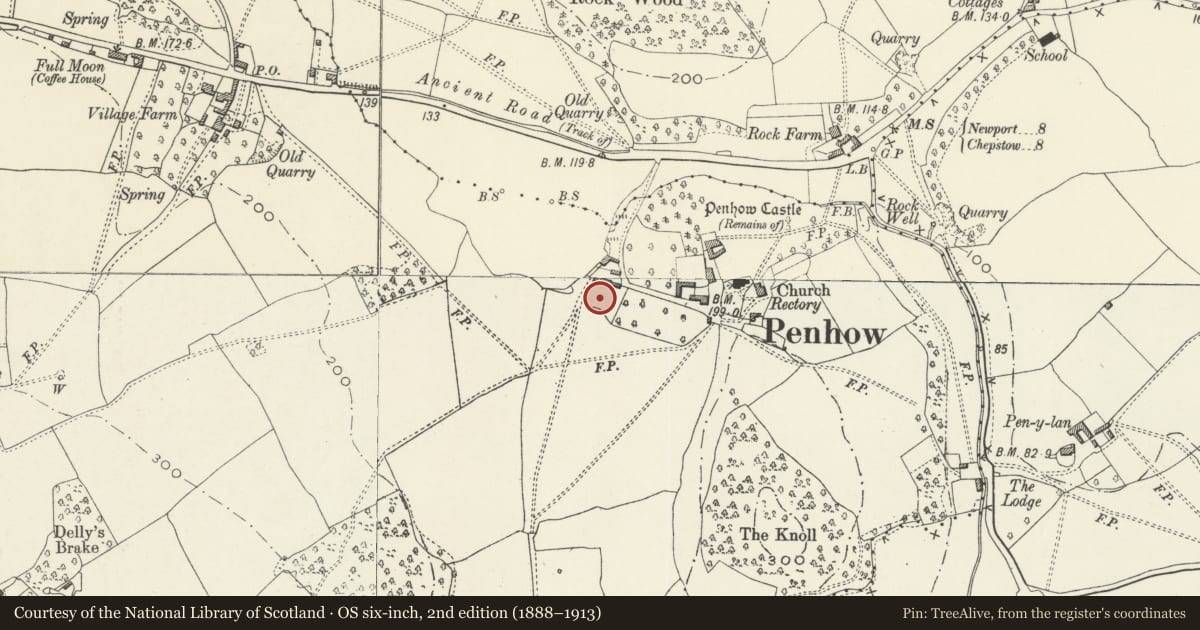 Ordnance Survey six-inch map, 2nd edition (1888–1913) covering the location of Five bay Barn and attached Byre to far SW of Penhow Castle, Newport, with a pin at the register's coordinates