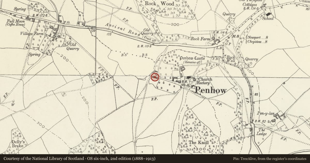 Ordnance Survey six-inch map, 2nd edition (1888–1913) covering the location of Stable Block to far SW of Penhow Castle, Newport, with a pin at the register's coordinates