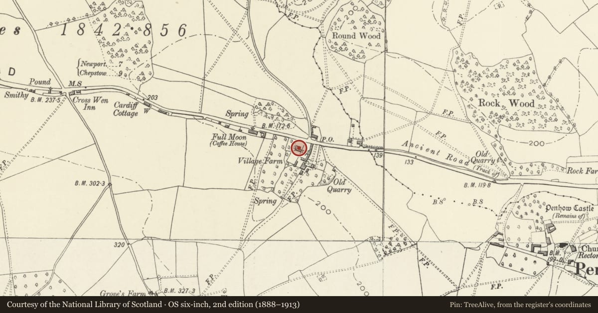 Ordnance Survey six-inch map, 2nd edition (1888–1913) covering the location of Village Farmhouse, Penhow, Newport, with a pin at the register's coordinates