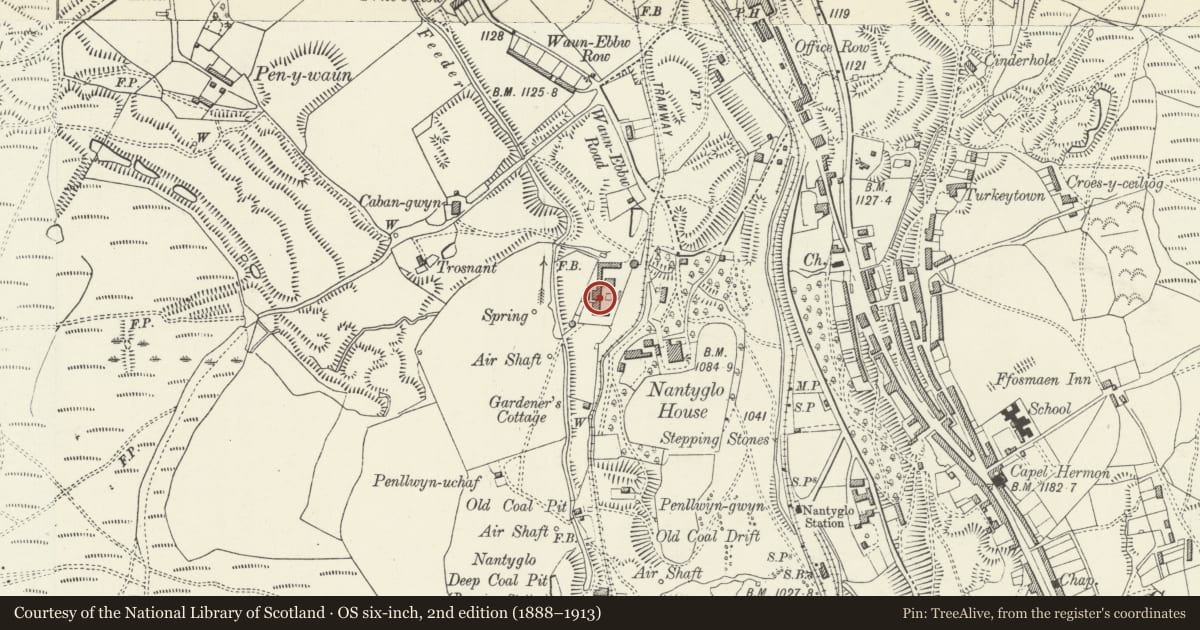 Ordnance Survey six-inch map, 2nd edition (1888–1913) covering the location of Agricultural Range at Roundhouse Farm, Nantyglo and Blaina, Blaenau Gwent, with a pin at the register's coordinates