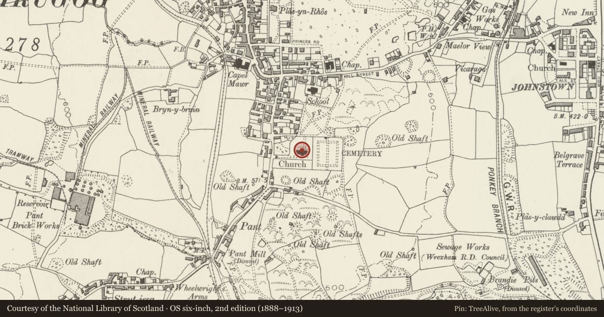 Ordnance Survey six-inch map, 2nd edition (1888–1913) covering the location of Church of Saint John Evangelist, Rhosllanerchrugog, Wrexham, with a pin at the register's coordinates