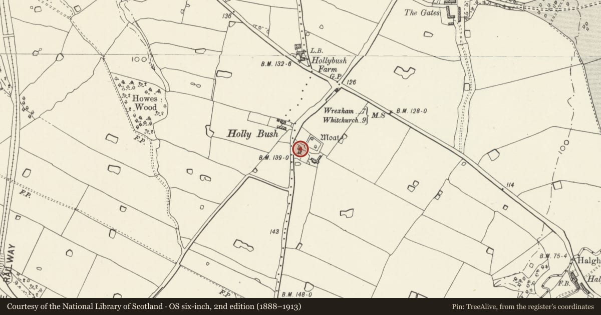 Ordnance Survey six-inch map, 2nd edition (1888–1913) covering the location of Hollybush Farmhouse, Willington Worthenbury, Wrexham, with a pin at the register's coordinates