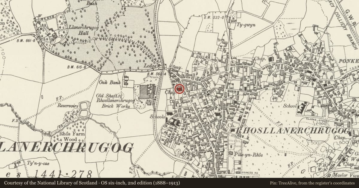 Ordnance Survey six-inch map, 2nd edition (1888–1913) covering the location of Bethlehem Independent Chapel, Rhosllanerchrugog, Wrexham, with a pin at the register's coordinates