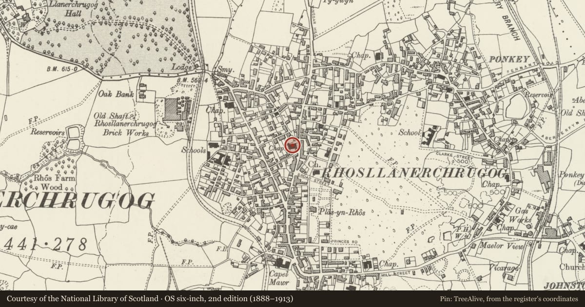 Ordnance Survey six-inch map, 2nd edition (1888–1913) covering the location of Penuel Baptist Chapel, Rhosllanerchrugog, Wrexham, with a pin at the register's coordinates