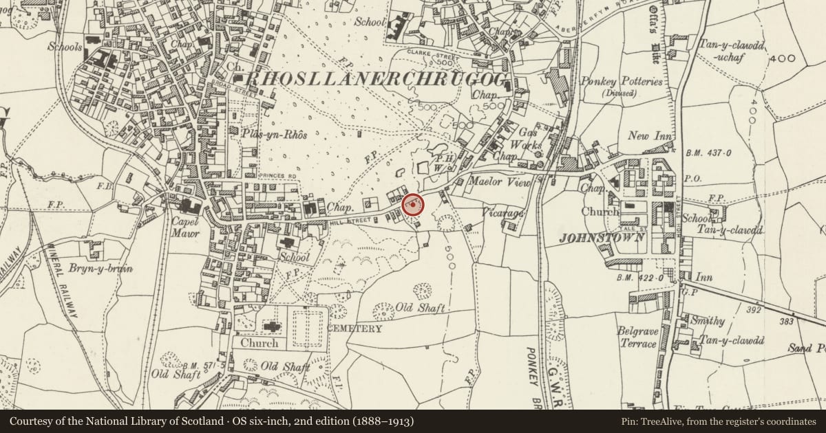 Ordnance Survey six-inch map, 2nd edition (1888–1913) covering the location of War Memorial, Rhosllanerchrugog, Wrexham, with a pin at the register's coordinates
