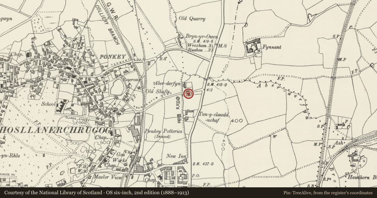 Ordnance Survey six-inch map, 2nd edition (1888–1913) covering the location of Eddystone House, Rhosllanerchrugog, Wrexham, with a pin at the register's coordinates