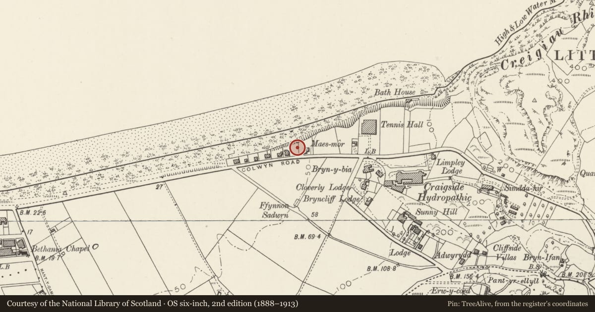 Ordnance Survey six-inch map, 2nd edition (1888–1913) covering the location of Condover House (formerly Villa Marina), Llandudno, Conwy, with a pin at the register's coordinates