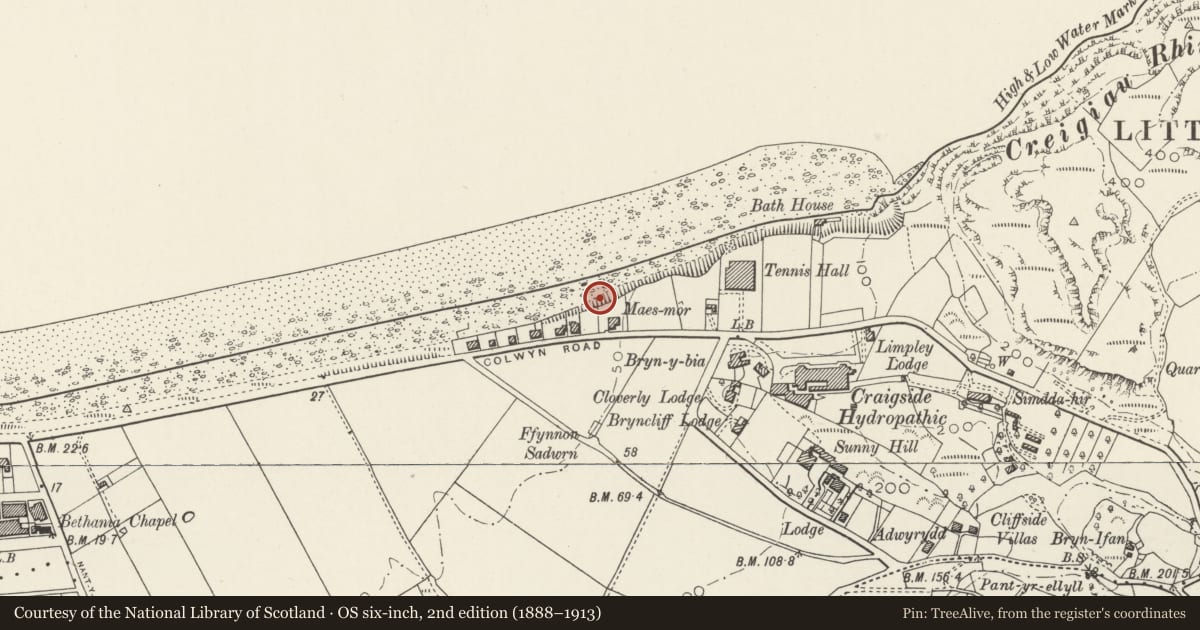 Ordnance Survey six-inch map, 2nd edition (1888–1913) covering the location of Gazebo and sea wall at Condover House (formerly Villa Marina), Llandudno, Conwy, with a pin at the register's coordinates