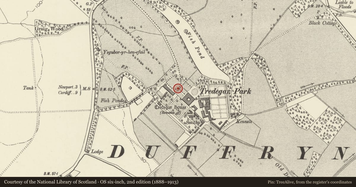 Ordnance Survey six-inch map, 2nd edition (1888–1913) covering the location of Edney Gates, inc flanking screen and attached walls with opposing gates to S end of Middle Court, Coedkernew, Newport, with a pin at the register's coordinates
