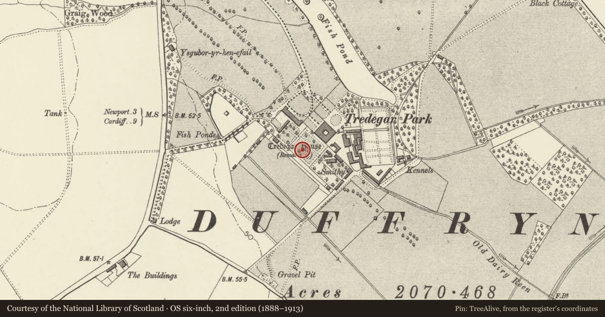Ordnance Survey six-inch map, 2nd edition (1888–1913) covering the location of Monument to Sir Briggs, Coedkernew, Newport, with a pin at the register's coordinates