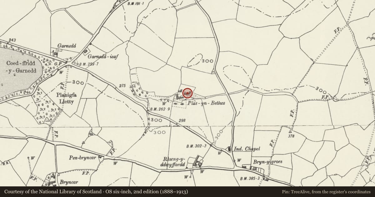 Ordnance Survey six-inch map, 2nd edition (1888–1913) covering the location of Plas-yn-Betws, Betws Yn Rhos, Conwy, with a pin at the register's coordinates