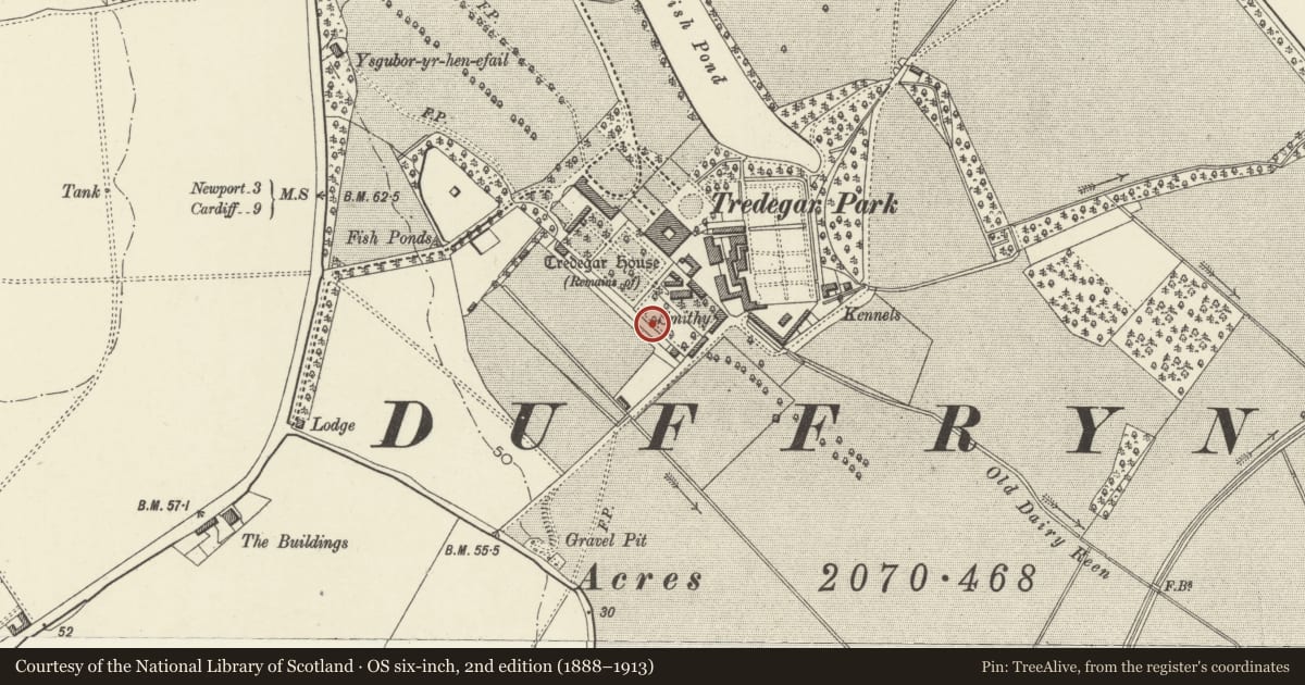 Ordnance Survey six-inch map, 2nd edition (1888–1913) covering the location of Garden walls to SE of Cedar Garden, inc gate piers, gates and flanking workshops, Coedkernew, Newport, with a pin at the register's coordinates