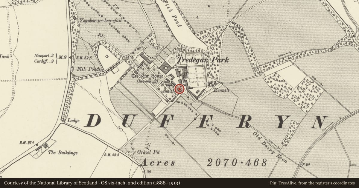 Ordnance Survey six-inch map, 2nd edition (1888–1913) covering the location of Home Farm, Coedkernew, Newport, with a pin at the register's coordinates
