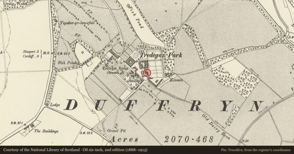Ordnance Survey six-inch map, 2nd edition (1888–1913) covering the location of The Mill including attached Stable to the South, Coedkernew, Newport, with a pin at the register's coordinates
