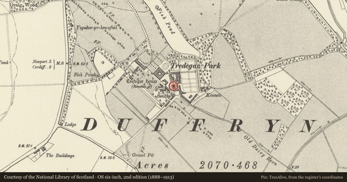 Ordnance Survey six-inch map, 2nd edition (1888–1913) covering the location of Lesser Barn, Coedkernew, Newport, with a pin at the register's coordinates
