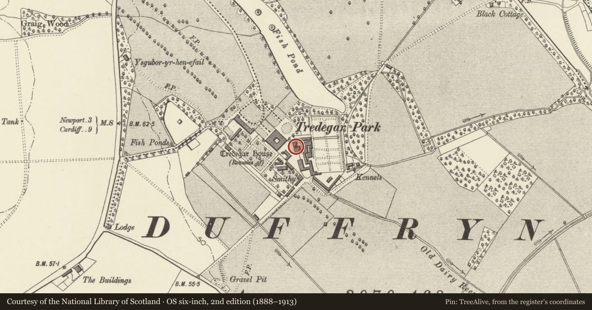 Ordnance Survey six-inch map, 2nd edition (1888–1913) covering the location of Great Barn, Coedkernew, Newport, with a pin at the register's coordinates