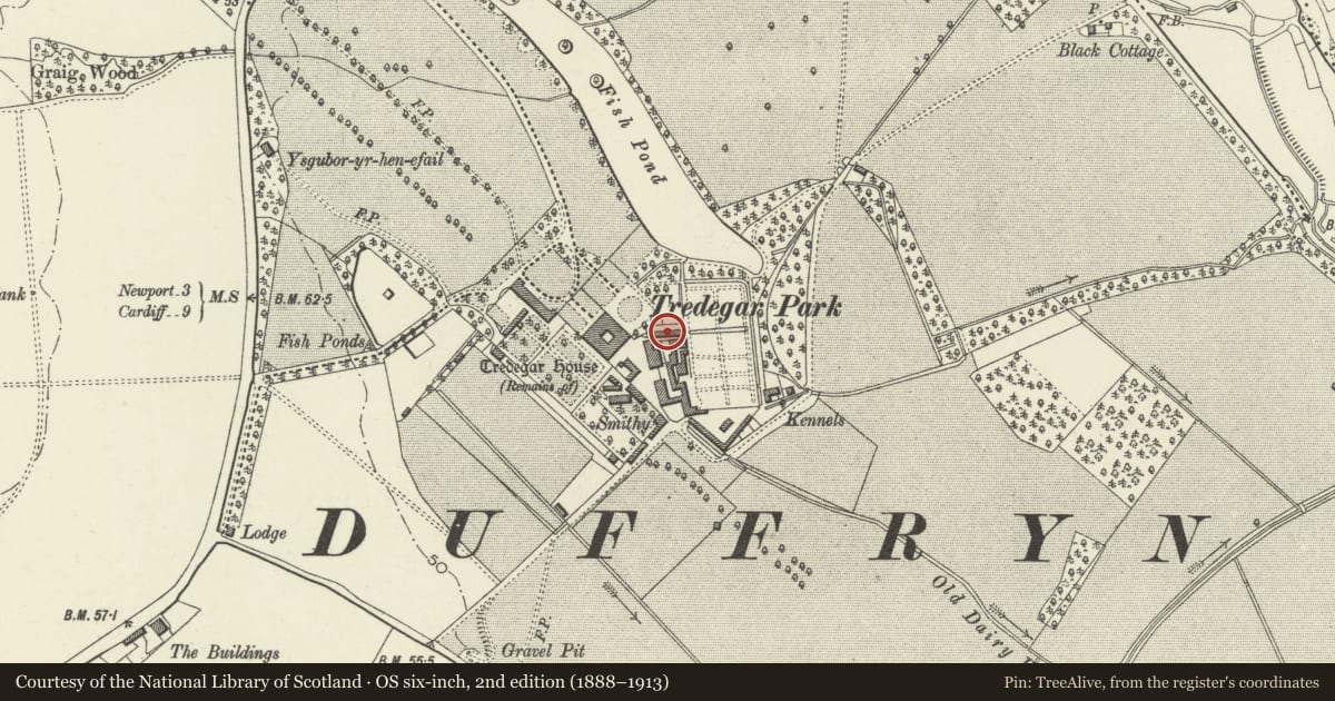 Ordnance Survey six-inch map, 2nd edition (1888–1913) covering the location of Former Laundry and Dairy to NE of Great Barn, Coedkernew, Newport, with a pin at the register's coordinates