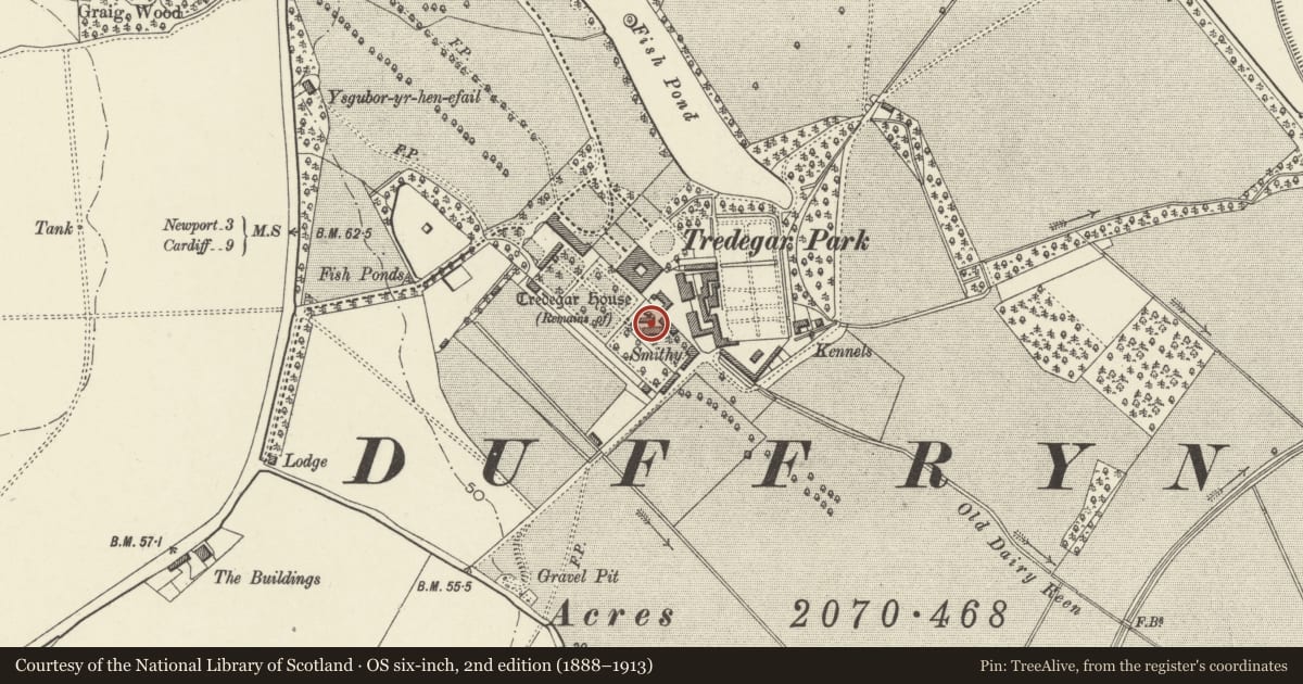 Ordnance Survey six-inch map, 2nd edition (1888–1913) covering the location of Bothy and Potting Shed to the West of Bryans Building, Coedkernew, Newport, with a pin at the register's coordinates