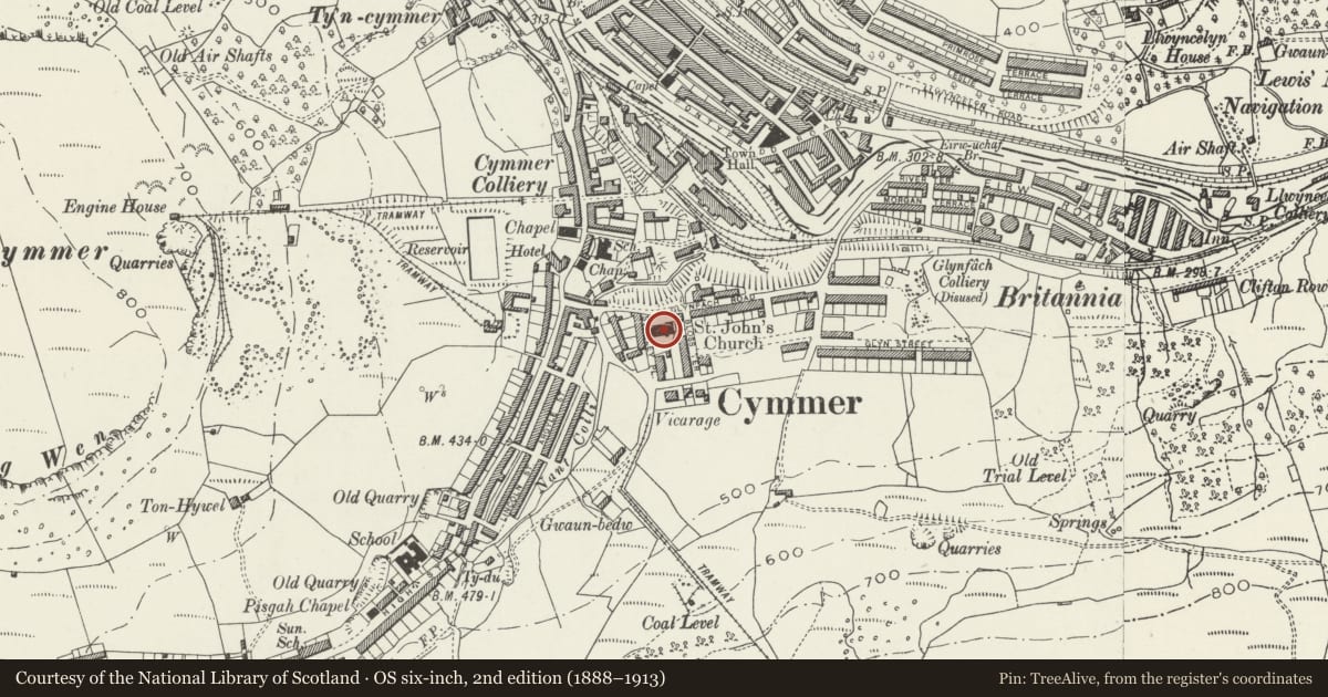 Ordnance Survey six-inch map, 2nd edition (1888–1913) covering the location of Church of St John, Cymmer, Rhondda Cynon Taff, with a pin at the register's coordinates