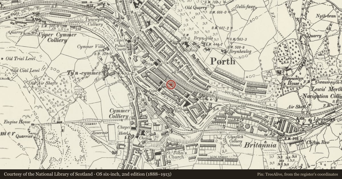 Ordnance Survey six-inch map, 2nd edition (1888–1913) covering the location of 22 Hannah Street, Porth, Rhondda Cynon Taff, with a pin at the register's coordinates