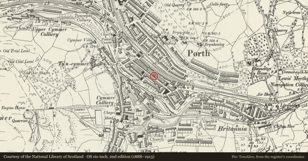 Ordnance Survey six-inch map, 2nd edition (1888–1913) covering the location of 25 Hannah Street, Porth, Rhondda Cynon Taff, with a pin at the register's coordinates