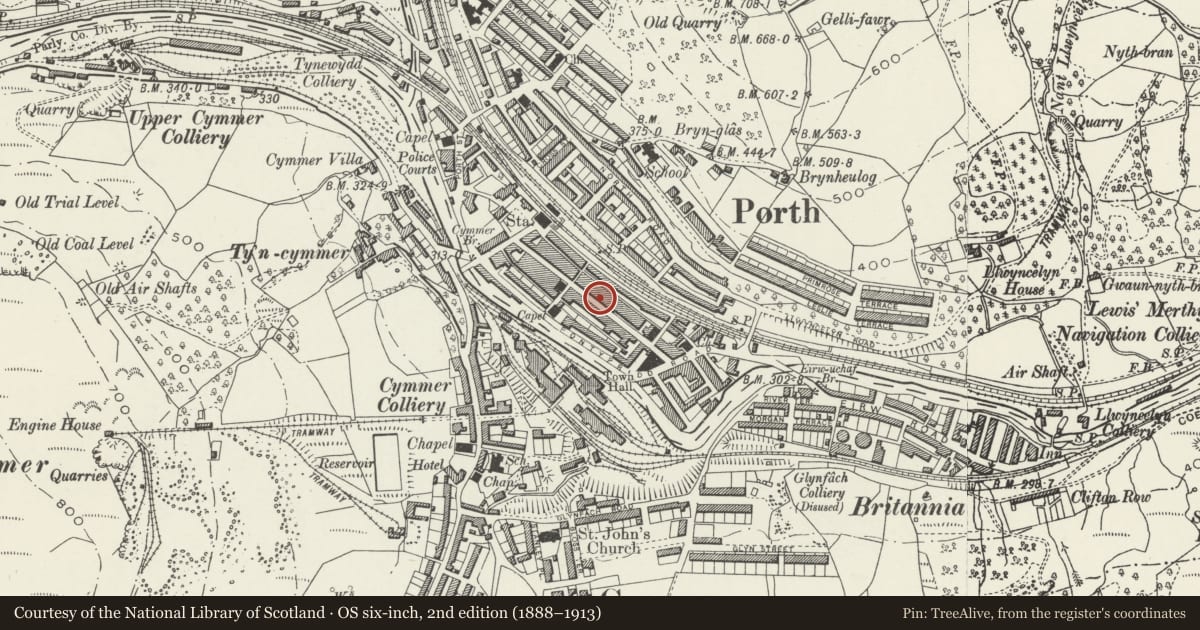 Ordnance Survey six-inch map, 2nd edition (1888–1913) covering the location of Evan Howells Butchers Shop, Porth, Rhondda Cynon Taff, with a pin at the register's coordinates