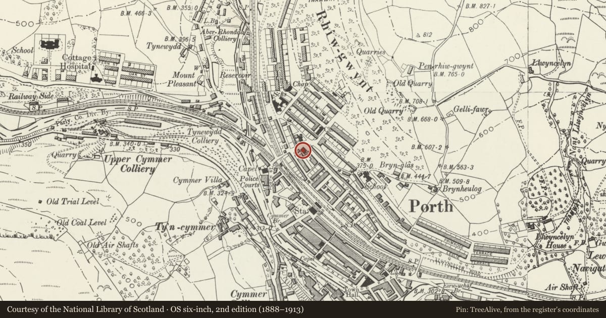 Ordnance Survey six-inch map, 2nd edition (1888–1913) covering the location of Calfaria Welsh Calvinistic Chapel and bordering railings, gates and piers, Porth, Rhondda Cynon Taff, with a pin at the register's coordinates