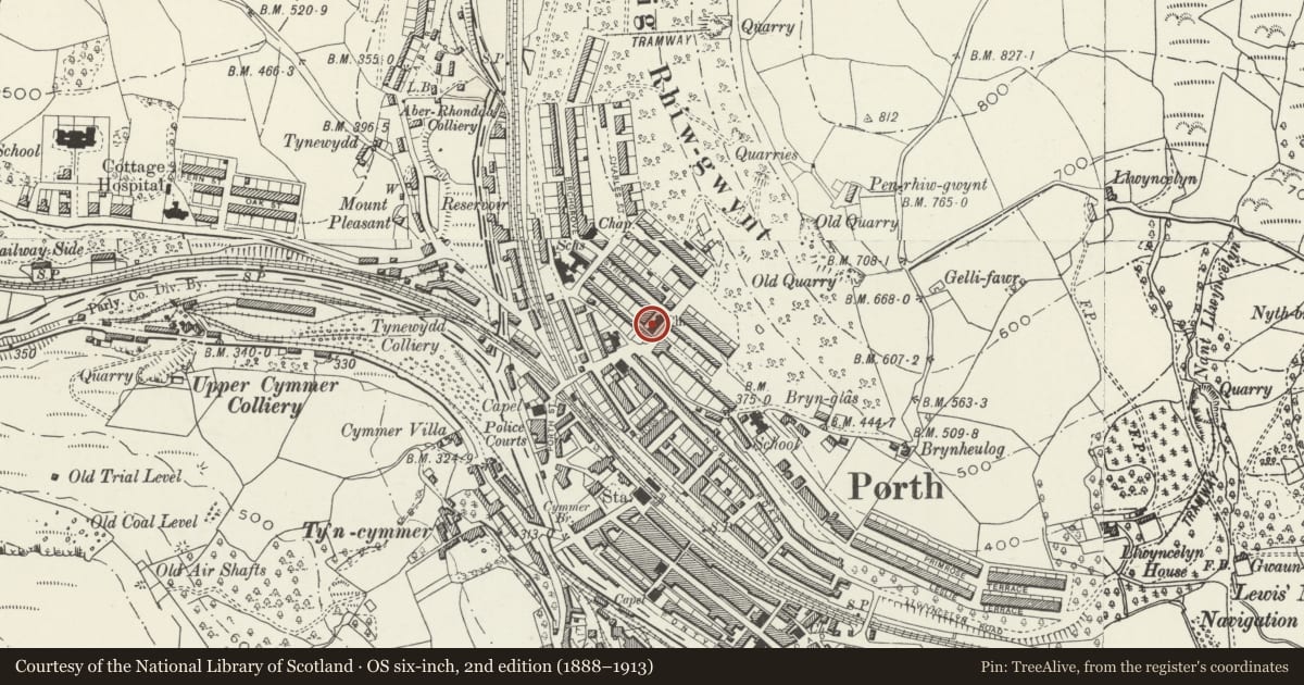 Ordnance Survey six-inch map, 2nd edition (1888–1913) covering the location of Church of St Paul, Porth, Rhondda Cynon Taff, with a pin at the register's coordinates