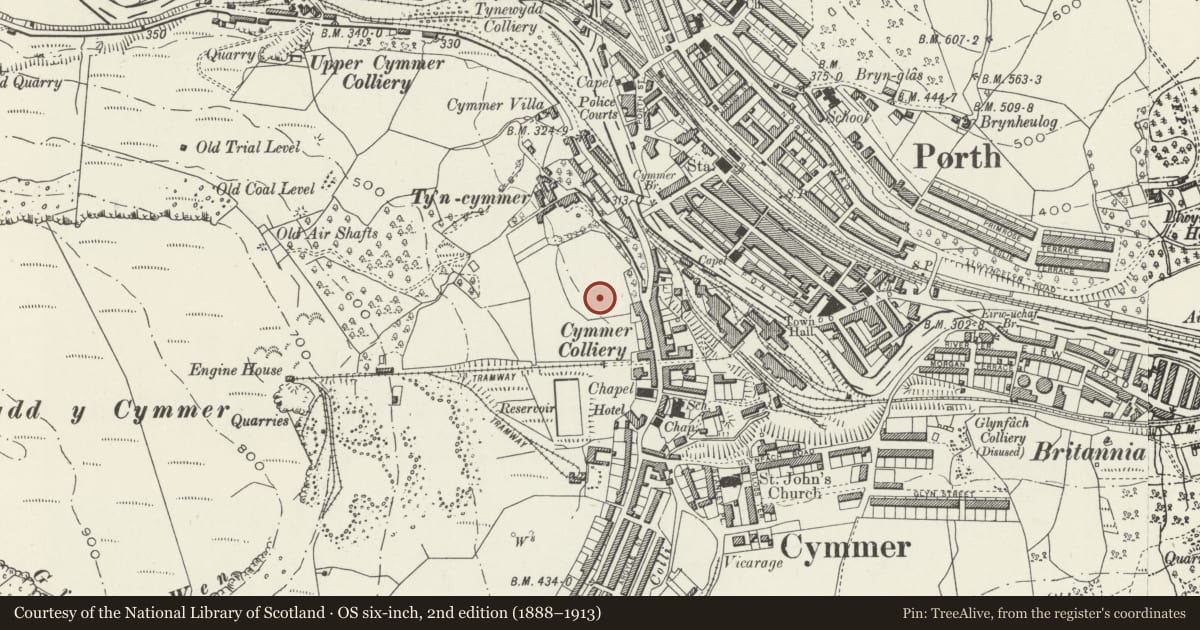Ordnance Survey six-inch map, 2nd edition (1888–1913) covering the location of Entrance gate piers and railings to Bronwydd, Porth, Rhondda Cynon Taff, with a pin at the register's coordinates