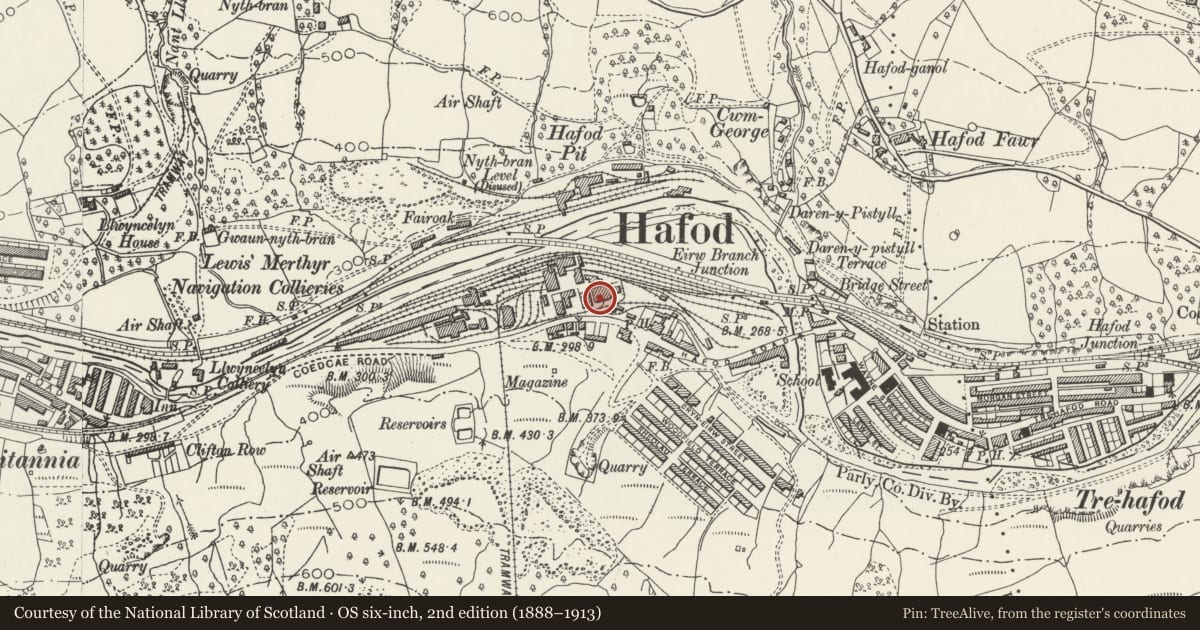 Ordnance Survey six-inch map, 2nd edition (1888–1913) covering the location of Former Lewis Merthyr Colliery chimney, Trehafod, Rhondda Cynon Taff, with a pin at the register's coordinates