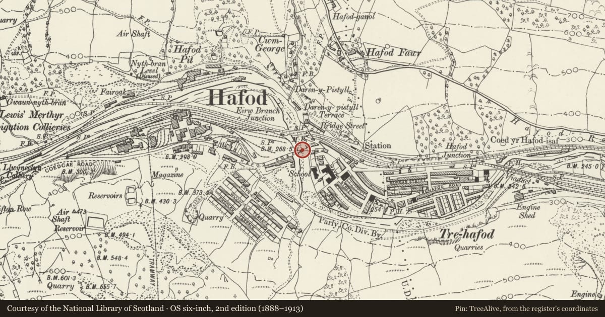 Ordnance Survey six-inch map, 2nd edition (1888–1913) covering the location of Lower Eirw bridge, Trehafod, Rhondda Cynon Taff, with a pin at the register's coordinates