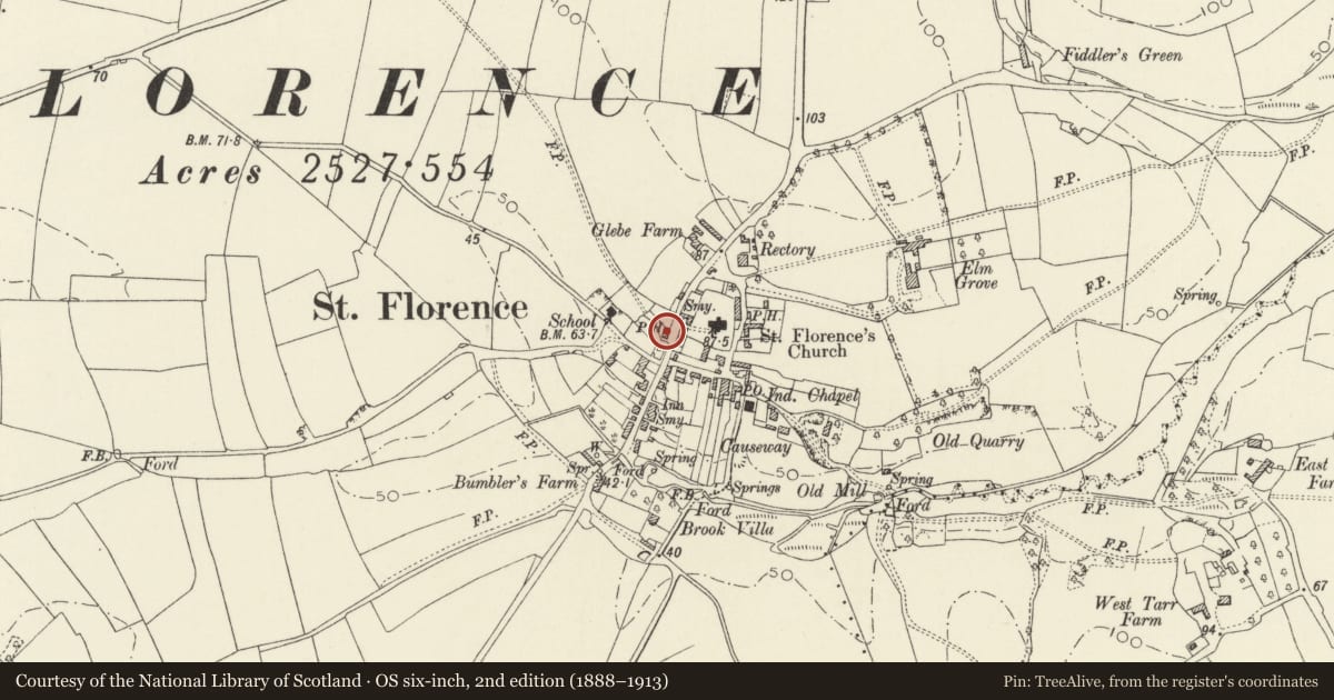 Ordnance Survey six-inch map, 2nd edition (1888–1913) covering the location of The Grove, St. Florence, Pembrokeshire, with a pin at the register's coordinates
